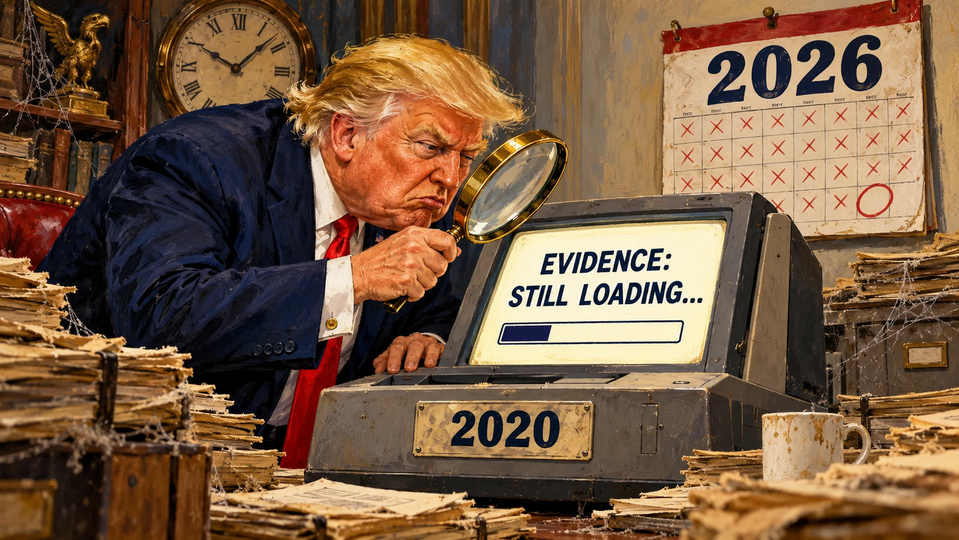AI-created political satire. Trump examines a fictional machine labeled 2020 with a magnifying glass; its display says EVIDENCE: STILL LOADING beside a 2026 calendar. Invented scene and labels.
