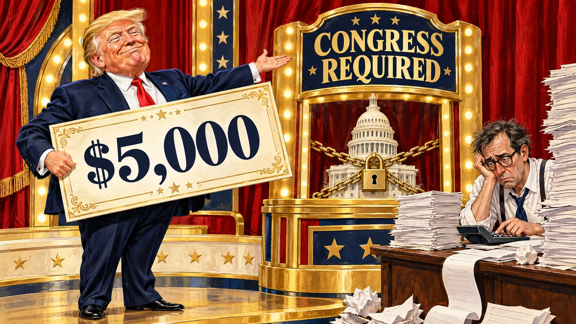 AI-created political satire. Trump hosts a fictional game show with a giant $5,000 check and a sign saying CONGRESS REQUIRED; an accountant stares at a calculator. Invented scene and labels.