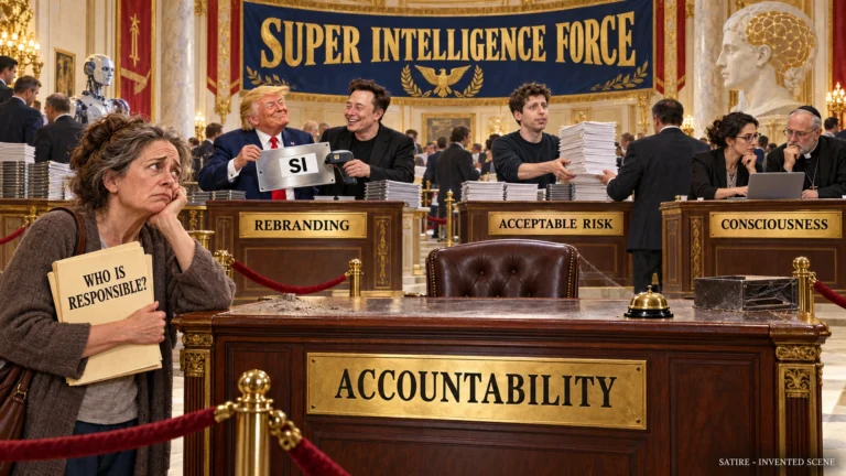 Satirical invented scene: A worried woman waits at an empty ACCOUNTABILITY desk. Trump and Musk work at REBRANDING, Sam Altman handles ACCEPTABLE RISK, and a researcher and cleric discuss CONSCIOUSNESS.