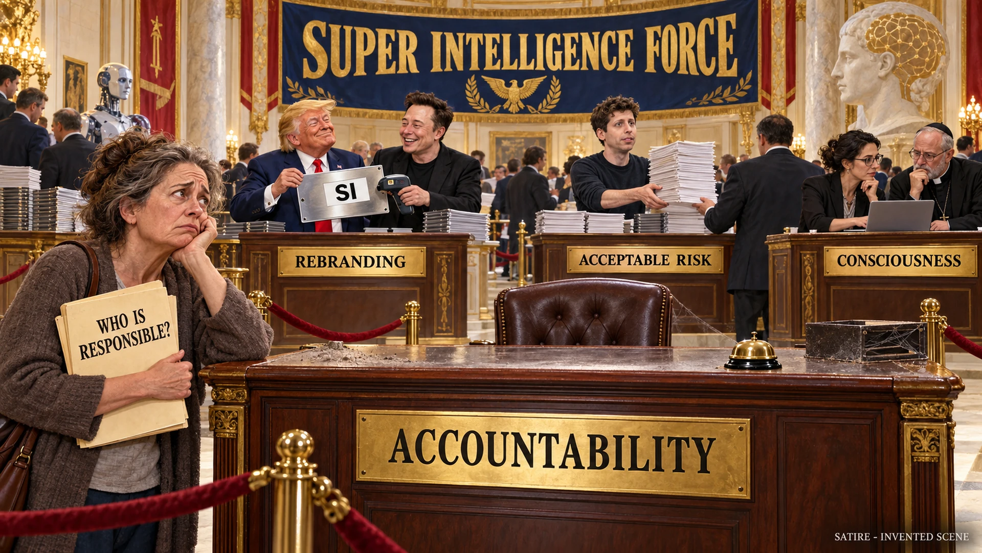 Satirical invented scene: A worried woman waits at an empty ACCOUNTABILITY desk. Trump and Musk work at REBRANDING, Sam Altman handles ACCEPTABLE RISK, and a researcher and cleric discuss CONSCIOUSNESS.
