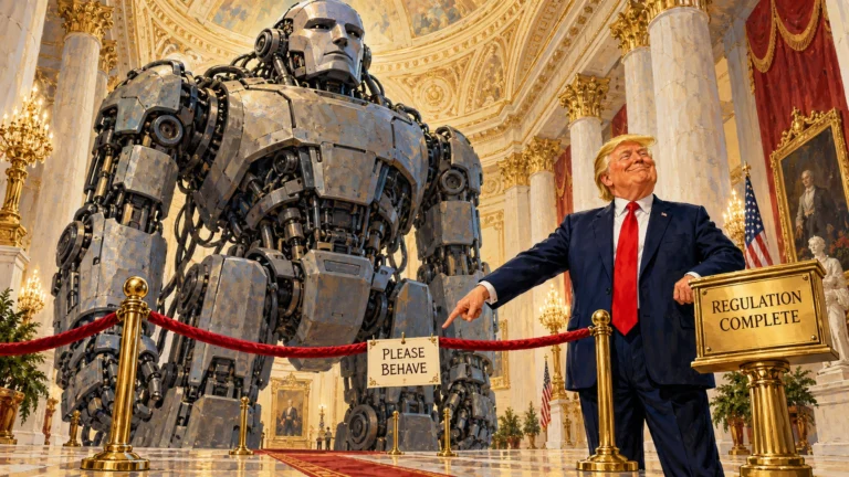 AI-created political satire. Trump points to a PLEASE BEHAVE card on a flimsy velvet rope in front of a giant robot; a plaque says REGULATION COMPLETE. Invented scene and labels.