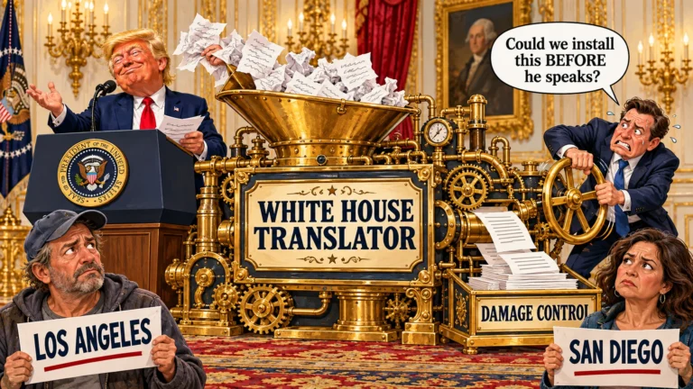 Invented satirical scene: Trump speaks beside a gold White House Translator machine while a frantic aide cranks out Damage Control papers. Worried residents hold Los Angeles and San Diego signs.