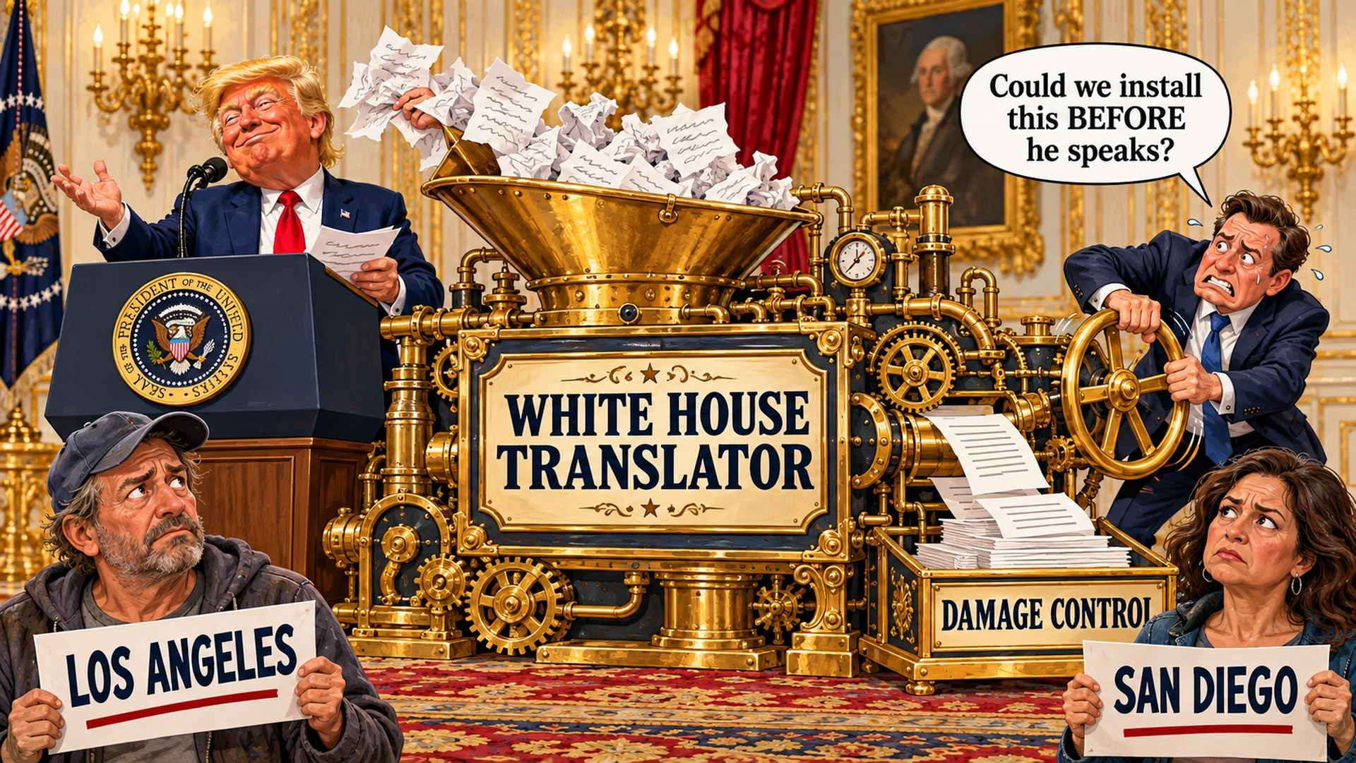 Invented satirical scene: Trump speaks beside a gold White House Translator machine while a frantic aide cranks out Damage Control papers. Worried residents hold Los Angeles and San Diego signs.