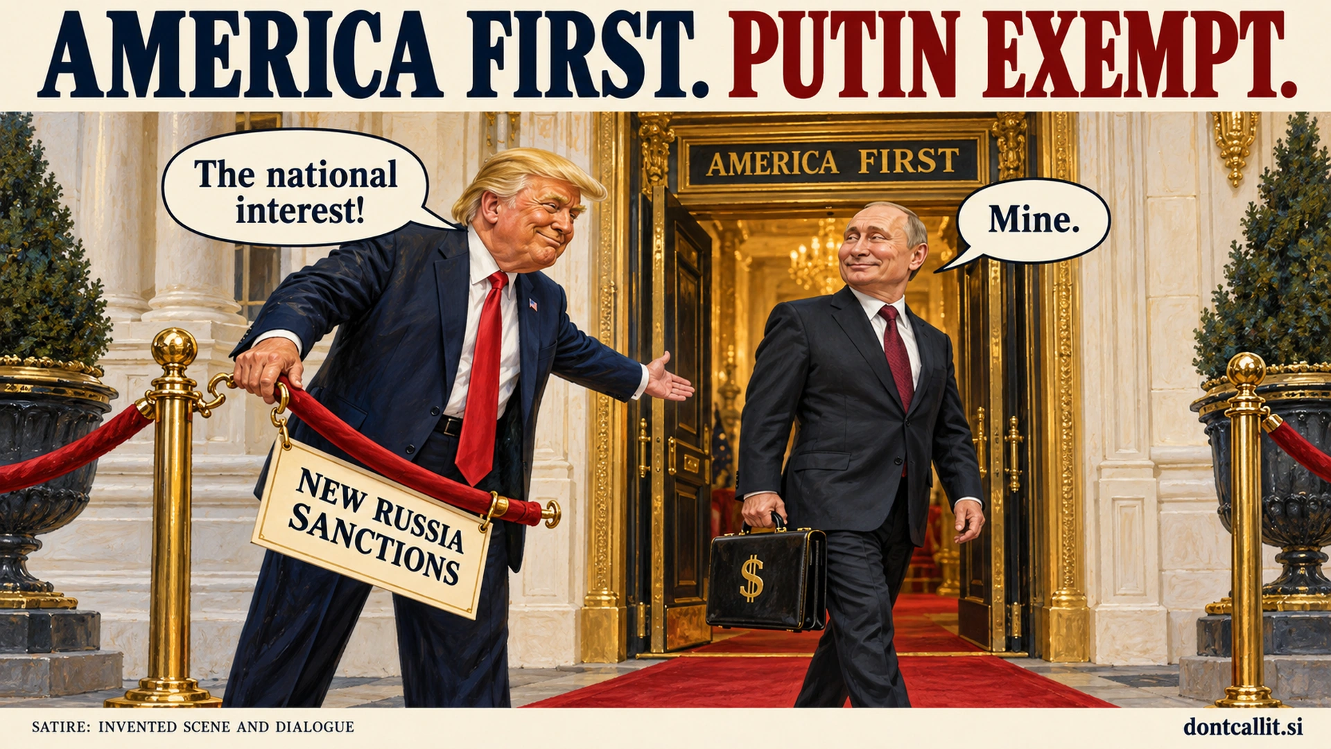 Invented political cartoon: Trump lifts a velvet rope marked NEW RUSSIA SANCTIONS for Putin. Trump says, 'The national interest!' Putin replies, 'Mine.'