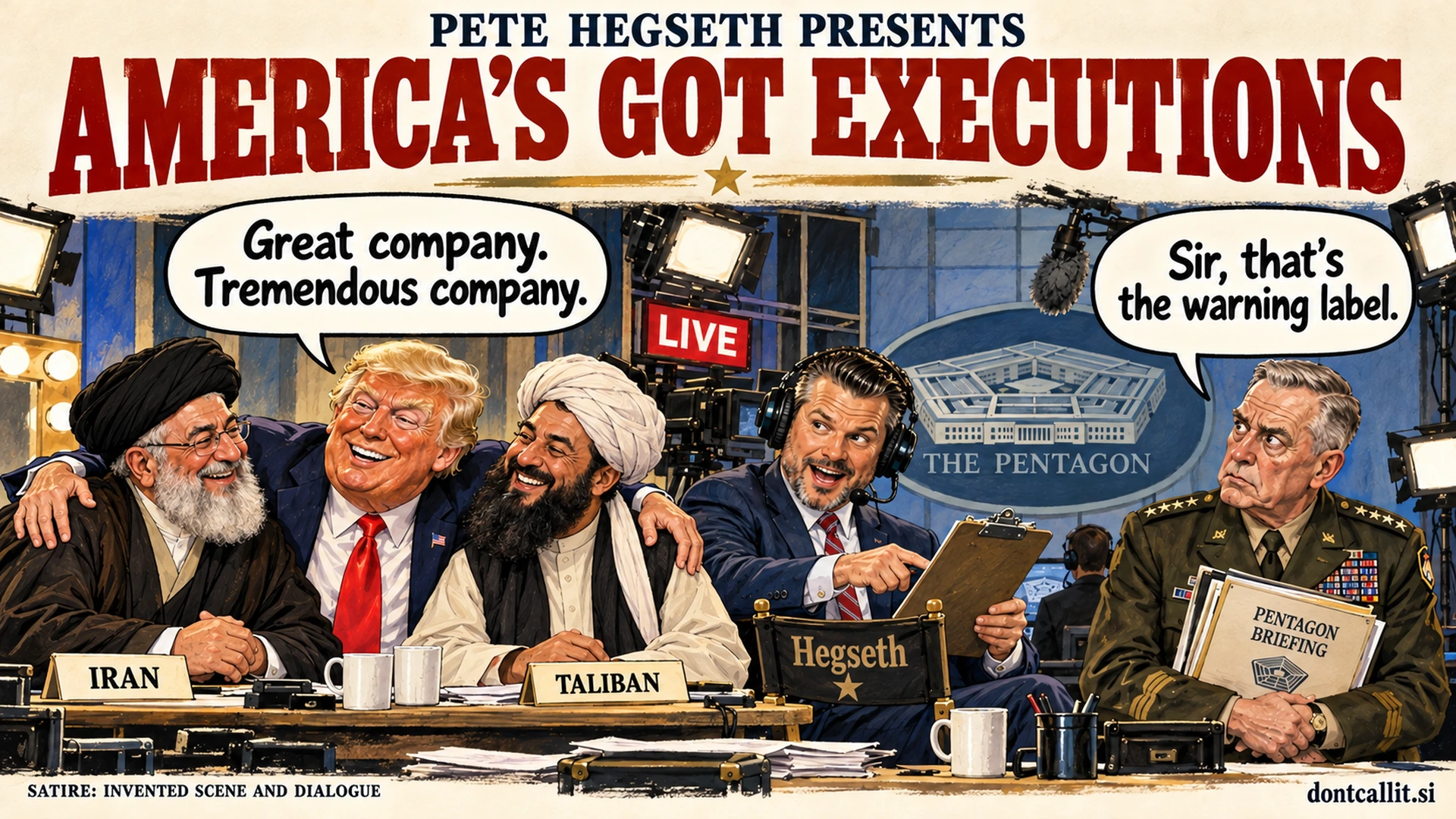 Satirical cartoon of Trump embracing invented Iranian and Taliban officials while Pete Hegseth pitches an execution livestream and an exhausted general calls the group a warning label.