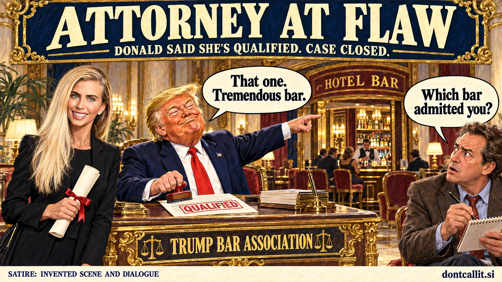 Invented satirical cartoon of Donald Trump stamping Katie Zacharia qualified at a gold Trump Bar Association desk while pointing a reporter toward a hotel cocktail bar.