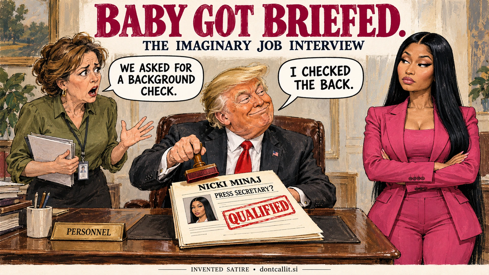Invented editorial cartoon of Donald Trump stamping a Nicki Minaj press-secretary application as qualified. A personnel officer asks about a background check, and Trump answers that he checked the back. Minaj stands fully clothed in a professional pink suit. The scene and dialogue are invented satire.