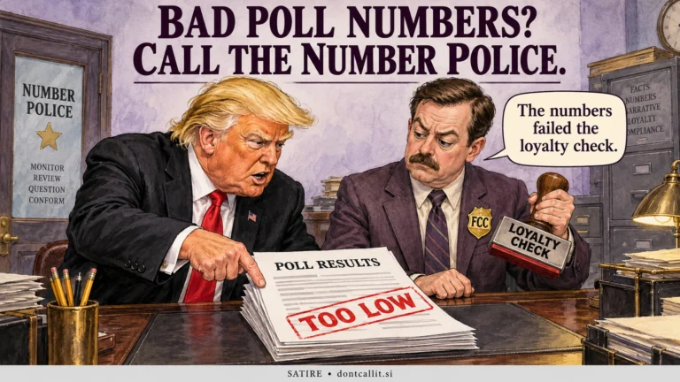 Invented painted editorial cartoon: Trump points at a poll marked TOO LOW while a fictional FCC bureaucrat holds a LOYALTY CHECK stamp. The bureaucrat says the numbers failed the loyalty check. Lavender and plum palette.
