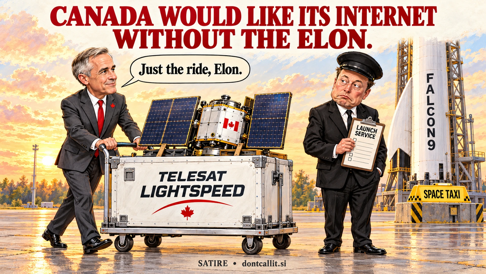 Invented painted editorial cartoon in Canadian red, ivory, silver, charcoal, and warm sunlight: Mark Carney pushes a Telesat Lightspeed satellite trolley past Elon Musk in a black chauffeur uniform beside a Falcon 9 rocket. Carney says, Just the ride, Elon.