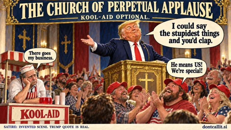 Satirical cartoon of Trump quoting his Tennessee rally boast from a golden pulpit, red-hatted followers applauding, and a dejected Kool-Aid vendor.