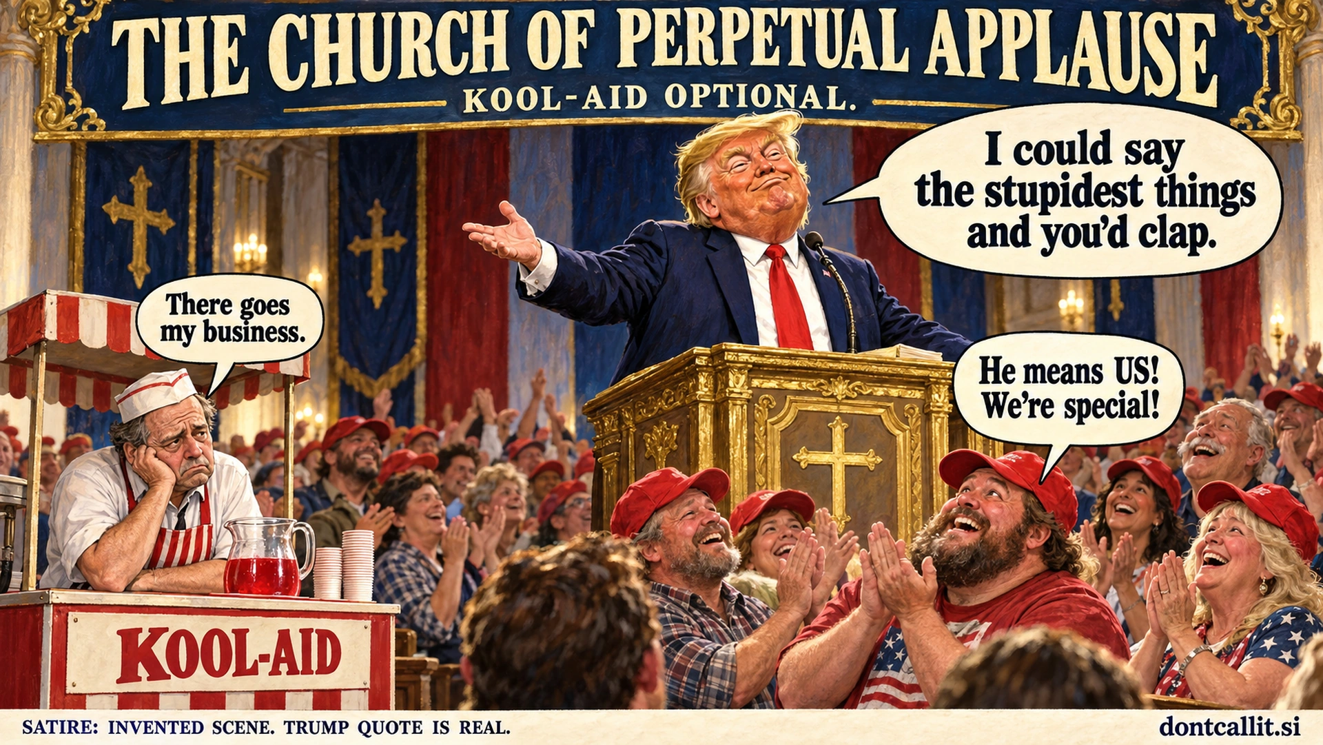 Satirical cartoon of Trump quoting his Tennessee rally boast from a golden pulpit, red-hatted followers applauding, and a dejected Kool-Aid vendor.
