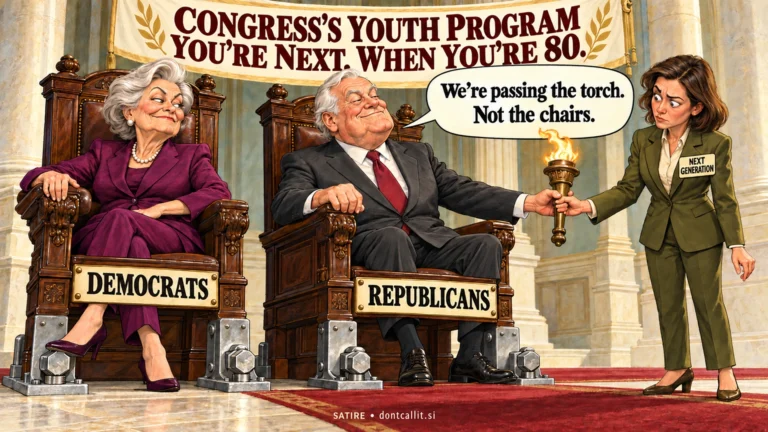 Invented political cartoon of elderly Democratic and Republican figures in oversized chairs bolted to the floor as a younger adult receives a torch. Party nameplates and a Next Generation badge identify the fictional characters. A banner reads Congress's Youth Program: You're Next. When You're 80.