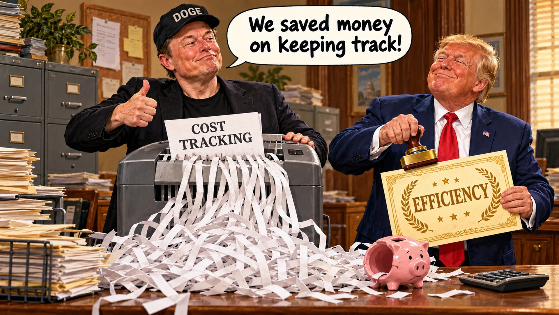 Invented political cartoon: Elon Musk shreds cost-tracking paperwork while Donald Trump stamps a fake efficiency certificate beside an empty piggy bank.