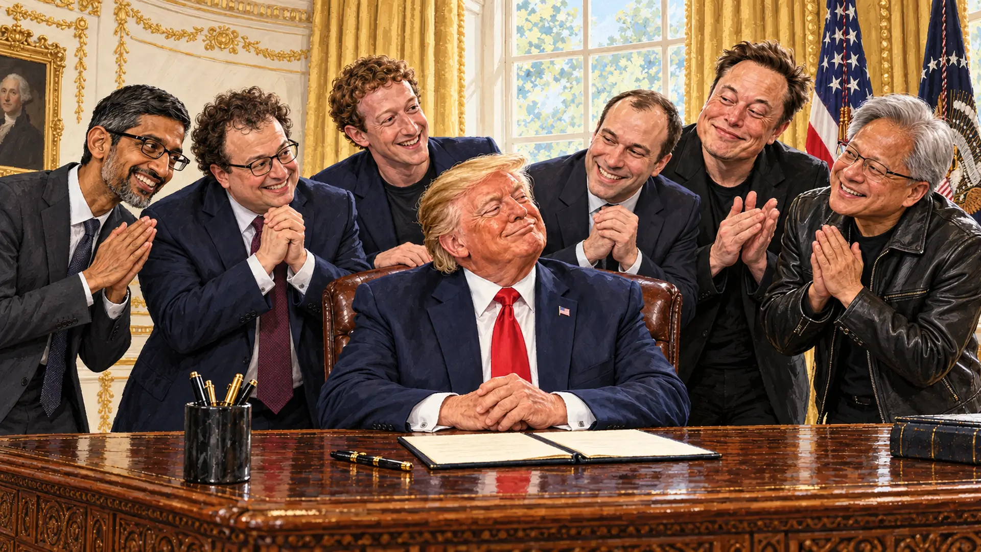 Satirical illustration of Trump with Sundar Pichai, Dario Amodei, Mark Zuckerberg, Greg Brockman, Elon Musk, and Jensen Huang.