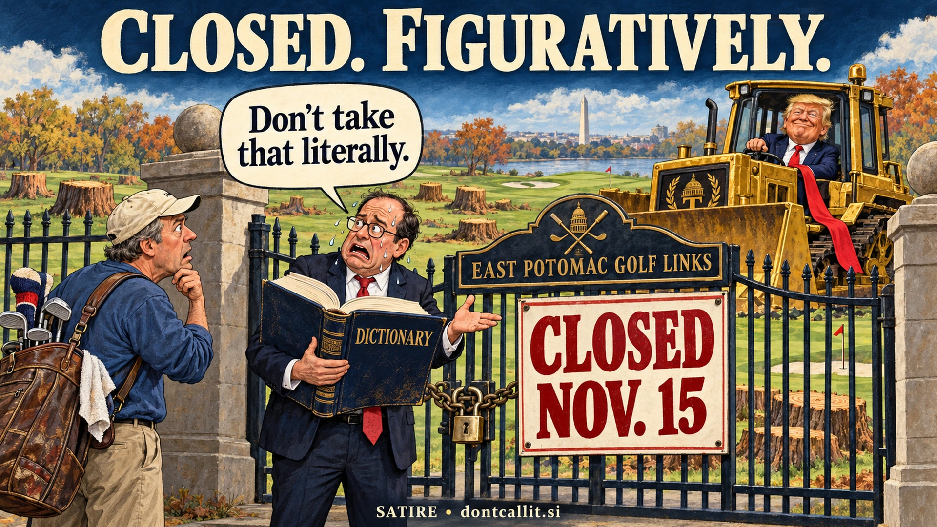 Painted editorial cartoon of a nervous government lawyer holding a dictionary beside an East Potomac Golf Links sign announcing a November 15 closure. Trump sits in a gold bulldozer behind the gate. Invented scene and dialogue.