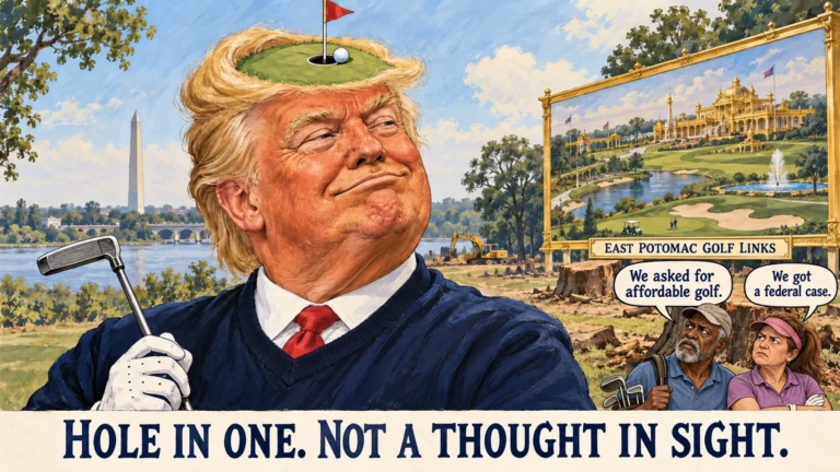 Political cartoon of Trump with a tiny putting green on his head at East Potomac Golf Links, beside tree stumps and two annoyed local golfers. Fictional dialogue: We asked for affordable golf. We got a federal case.