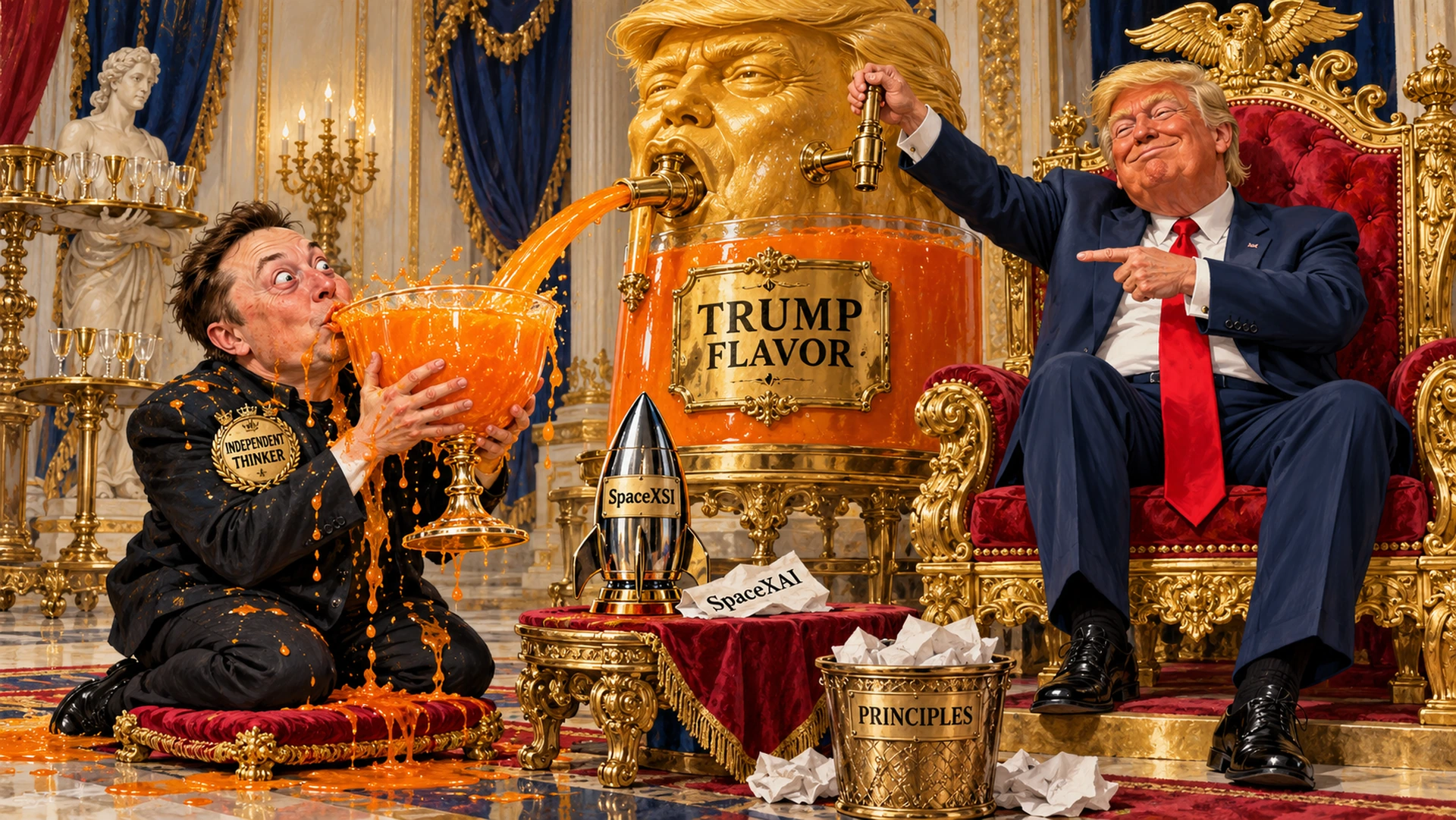 Invented satirical scene: Elon Musk kneels while gulping orange punch from a huge goblet. Trump controls a giant Trump-head dispenser labeled TRUMP FLAVOR. A SpaceXSI model rocket stands beside a discarded SpaceXAI label, and papers fill a PRINCIPLES bin.