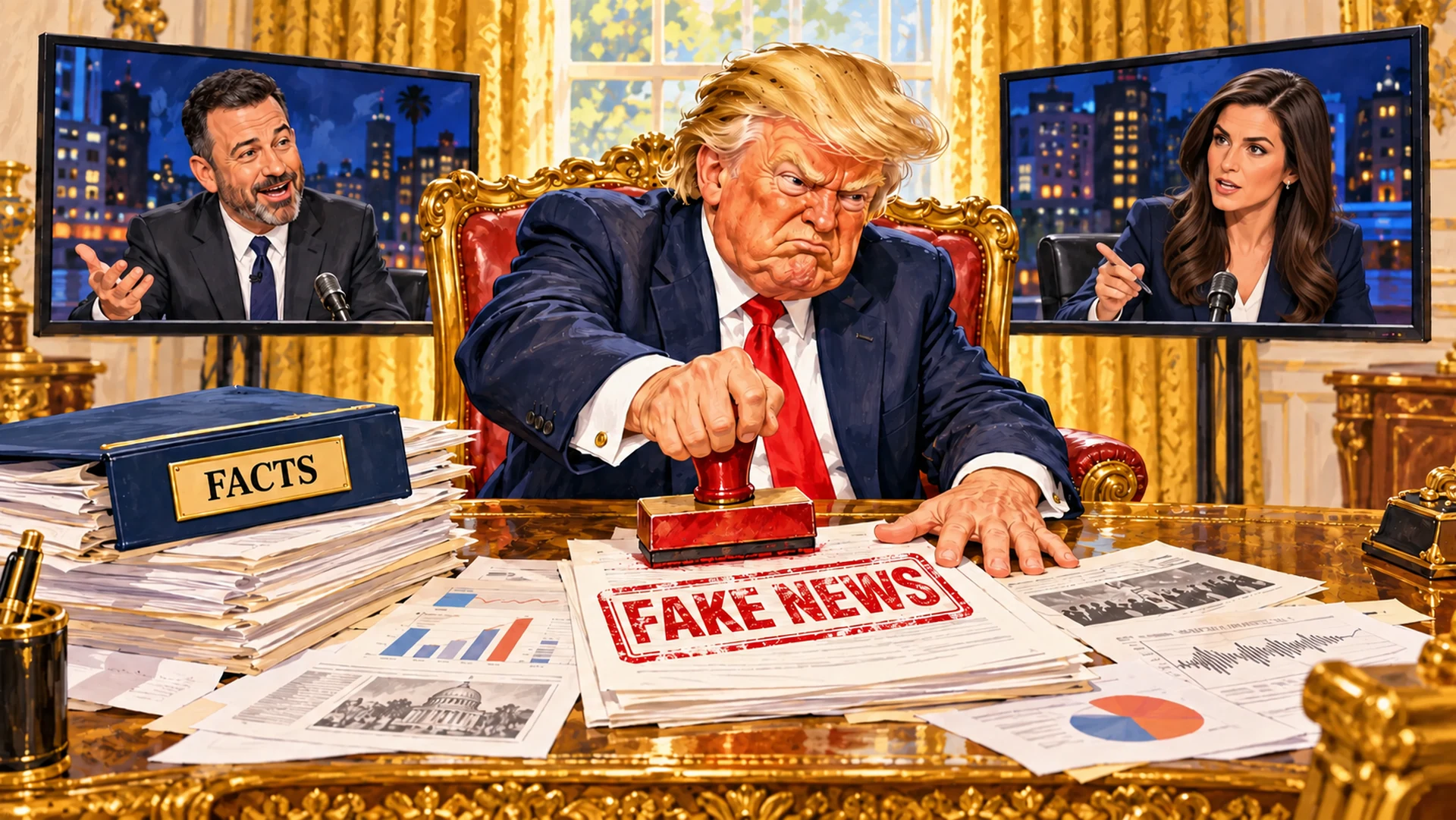 AI-created political satire: an angry Trump stamps FAKE NEWS on documents at a gilded desk beside a folder labeled FACTS. Jimmy Kimmel and Kaitlan Collins speak on separate television screens behind him. Invented scene.