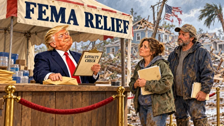 AI-created political satire: Trump checks a clipboard labeled LOYALTY CHECK behind a FEMA RELIEF counter while two weary, mud-splattered adults wait with paperwork. A storm-damaged neighborhood is visible behind them. Fictional scene.