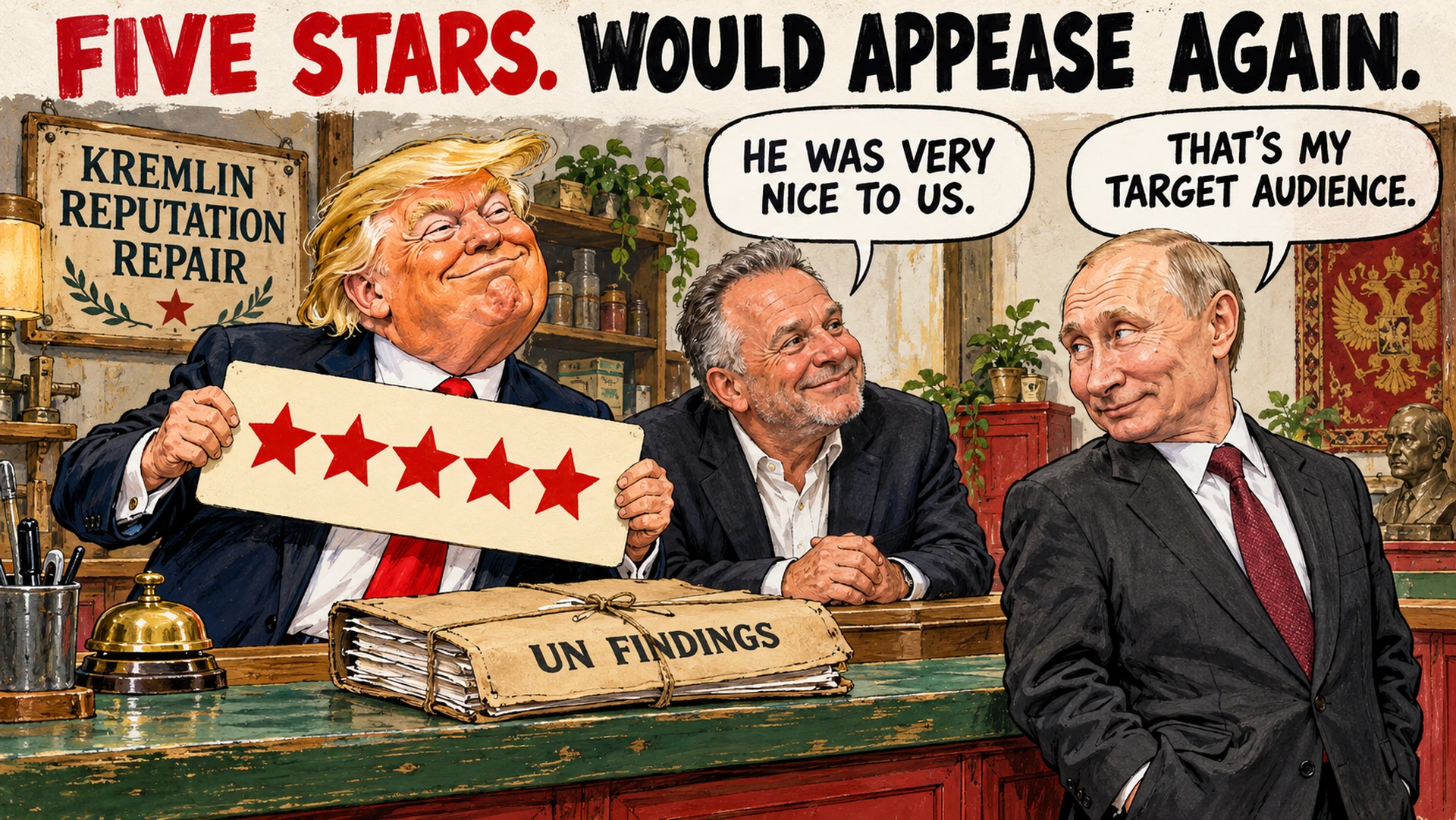 Invented editorial cartoon of Donald Trump holding a five-star review beside Steve Witkoff and Vladimir Putin at Kremlin Reputation Repair. A tied-shut UN Findings folder is ignored. Witkoff says Putin was nice to them, and Putin calls them his target audience. Invented scene and dialogue.