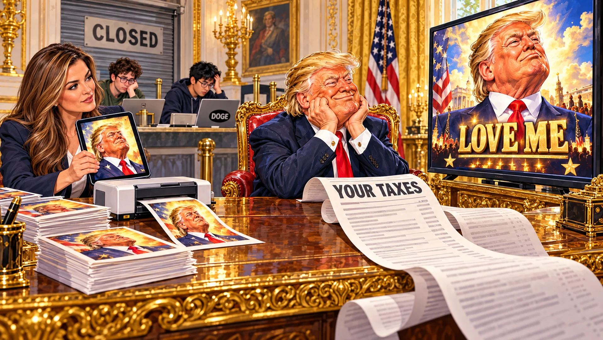 AI-created satire: Natalie Harp holds a tablet beside a printer producing a flattering Trump portrait. Trump admires himself on a TV labeled LOVE ME. A YOUR TAXES invoice curls across the desk; fictional adult DOGE engineers sit by a CLOSED service counter. Invented composite scene.
