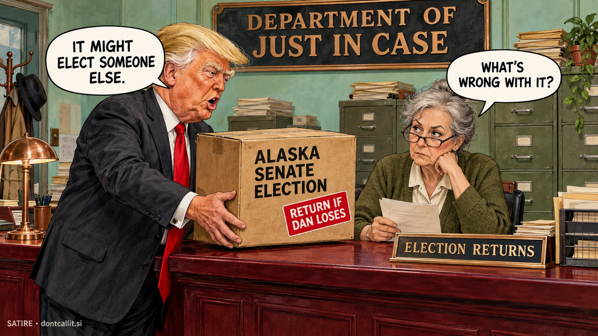 Invented editorial cartoon of Trump at an Election Returns counter, offering an unopened box labeled Alaska Senate Election. A sticker reads Return If Dan Loses. An unimpressed clerk asks what is wrong with it; Trump says it might elect someone else. The office sign reads Department of Just in Case.