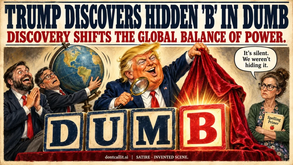 Trump Discovers Hidden B in Dumb. World Leaders Brace for Impact.