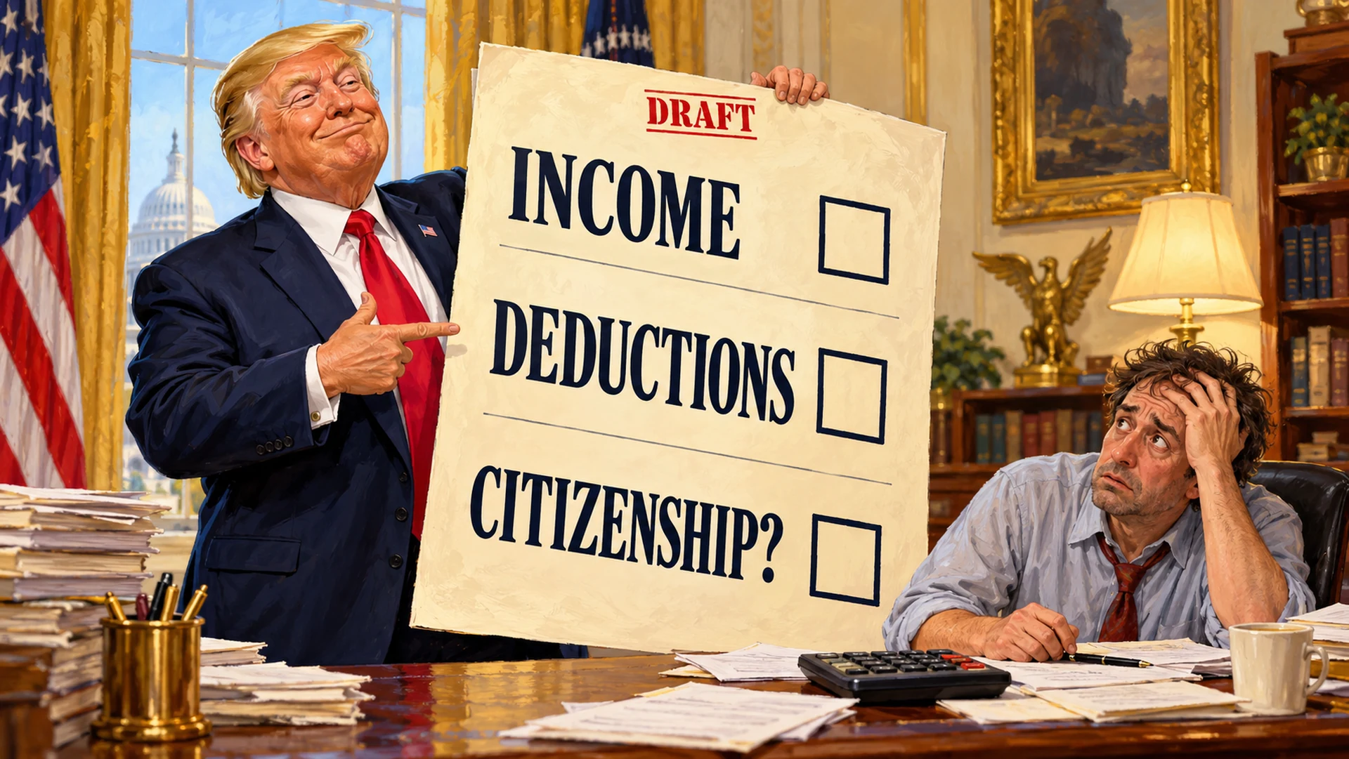 AI-created political satire. Trump presents a fictional oversized tax form marked INCOME, DEDUCTIONS, and CITIZENSHIP? to a weary taxpayer. Invented scene and labels.