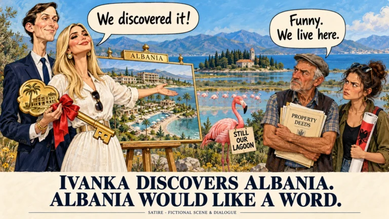 Political cartoon of Ivanka Trump and Jared Kushner pitching an Albanian resort to two annoyed fictional locals and a flamingo with a Still Our Lagoon sign. Fictional dialogue: We discovered it! Funny. We live here.