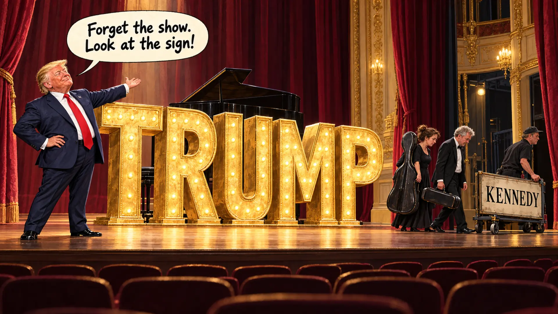 Symbolic editorial cartoon of Trump admiring a huge gold name sign while musicians and a Kennedy sign leave the stage.