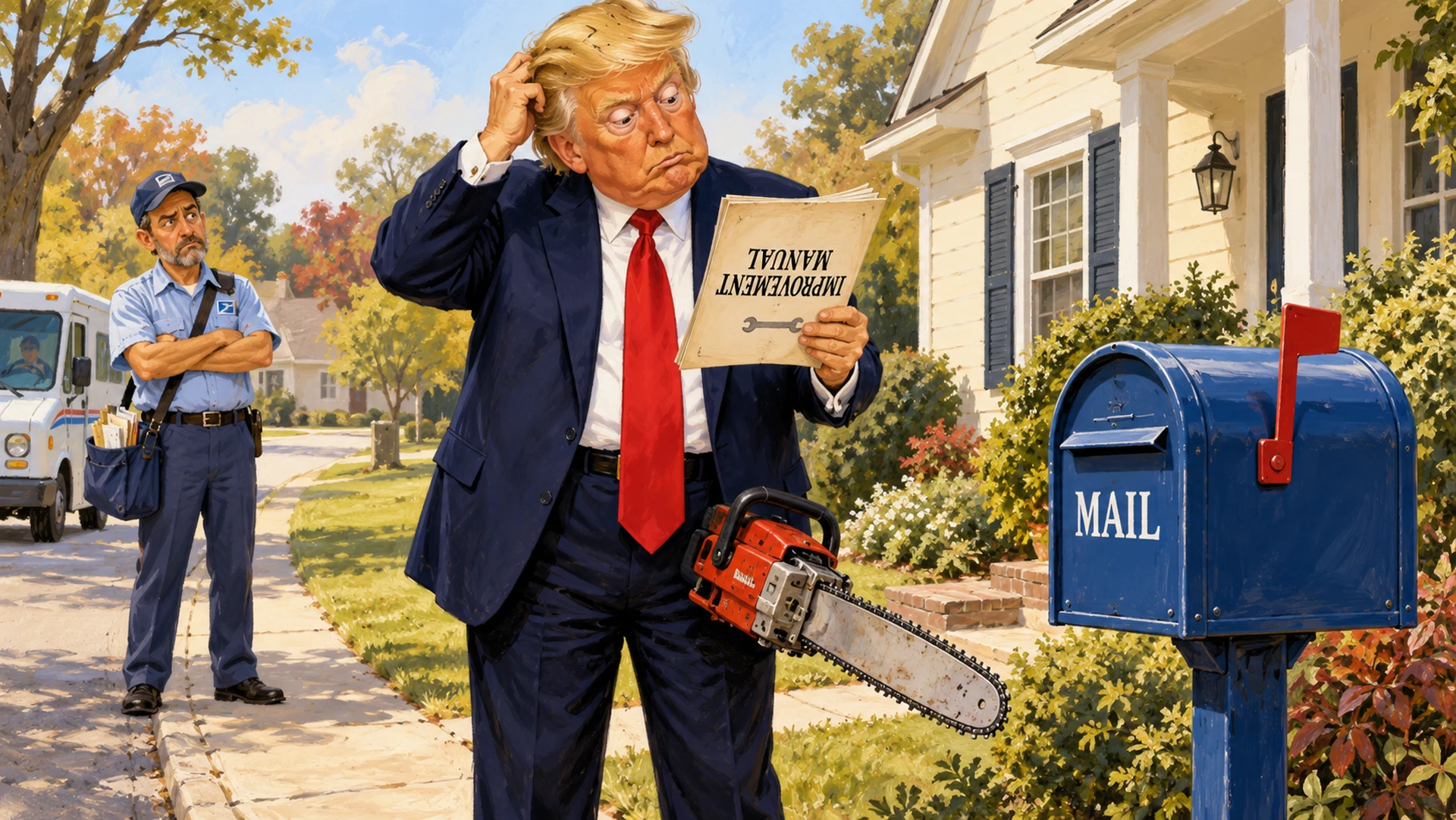 AI-created political satire. Trump approaches an intact mailbox with a switched-off chainsaw and an upside-down improvement manual in a fictional scene. Invented scene and labels.