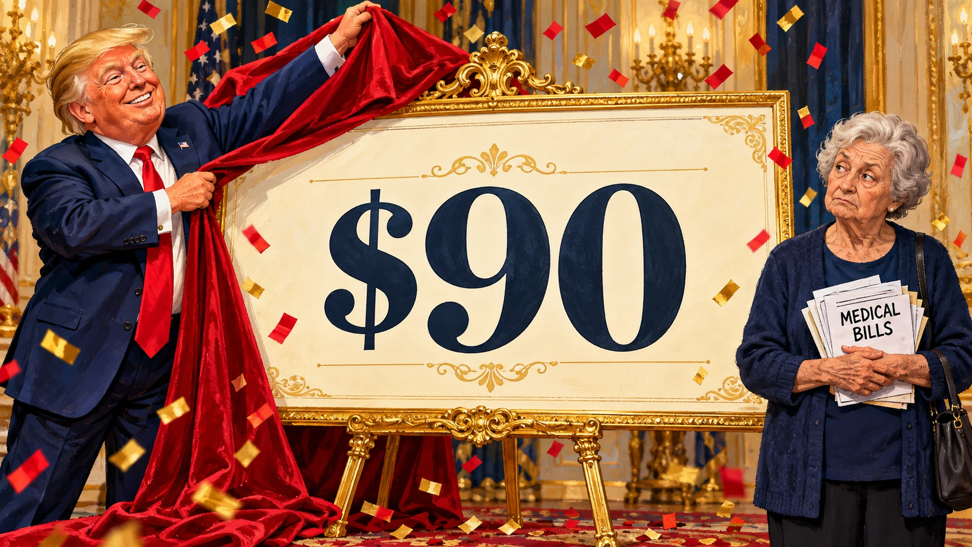 AI-created political satire. Trump unveils a giant $90 check amid confetti while an unimpressed senior holds a stack of medical bills. Invented scene and labels.