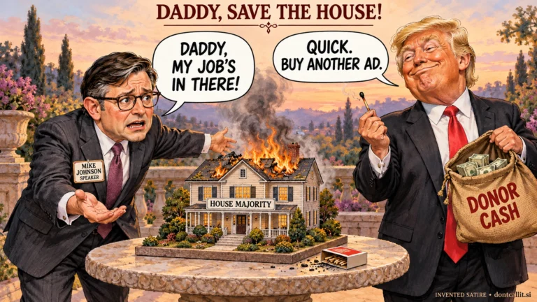 Invented editorial cartoon of Mike Johnson asking for help beside a burning miniature house labeled House Majority. Trump holds a spent match and a bag labeled Donor Cash, and tells him to buy another ad. Johnson's badge identifies him as Speaker. The miniature-house fire is a fictional political metaphor.