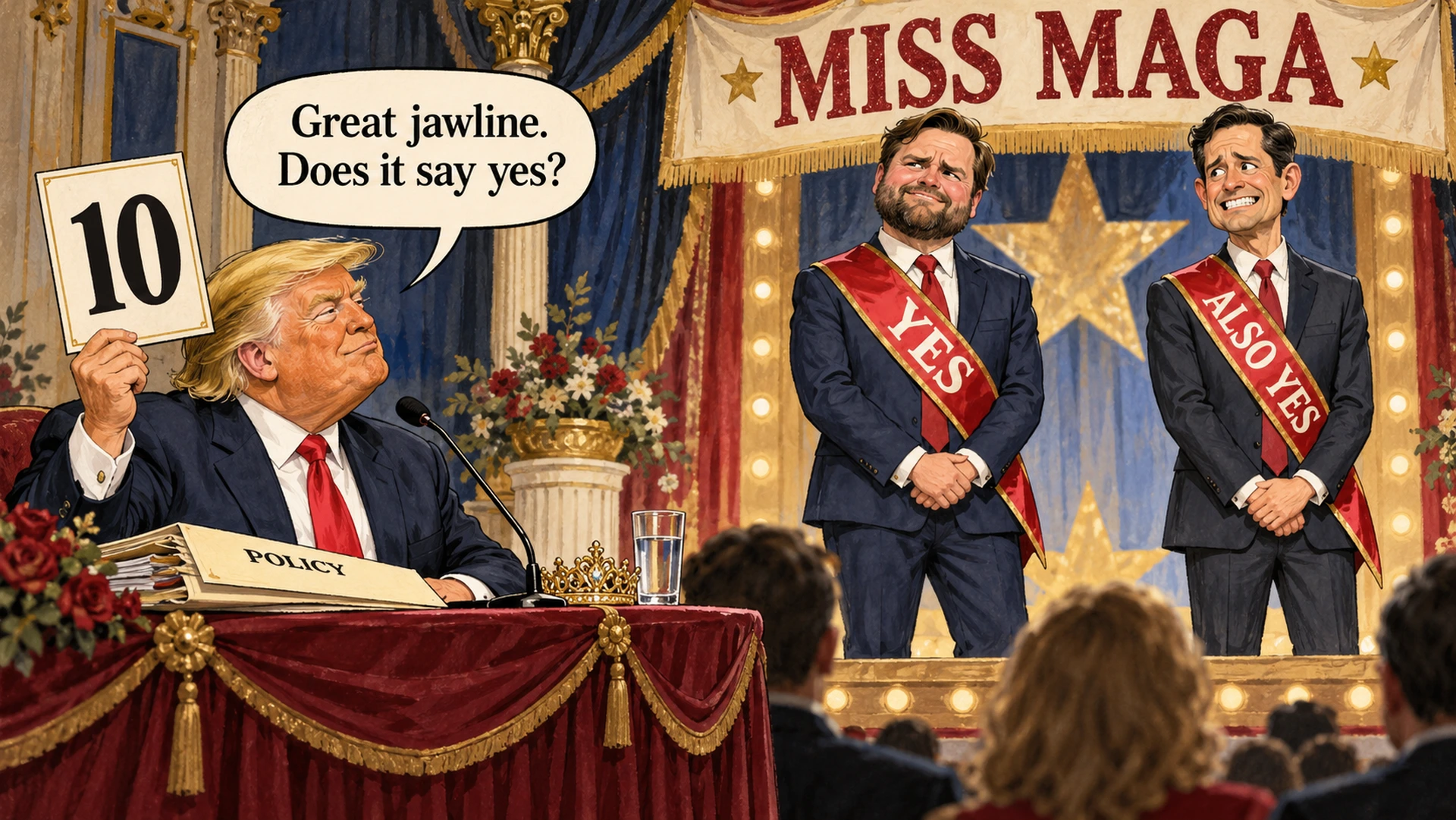 Political satire cartoon: Trump judges a fictional Miss MAGA pageant, holding a 10 scorecard as suited contestants wear YES and ALSO YES sashes.