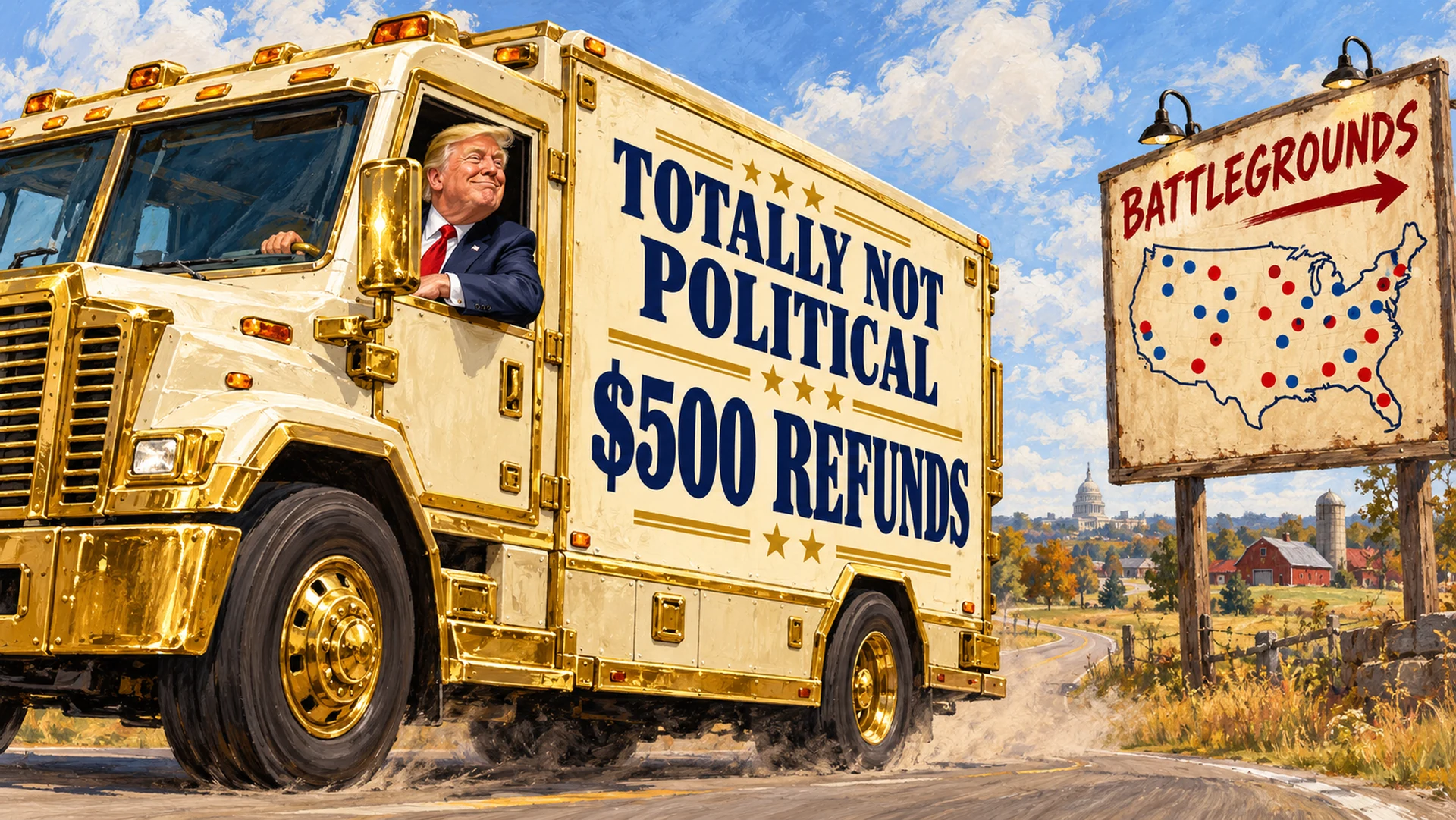 AI-created political satire. Trump drives a fictional armored refund truck marked TOTALLY NOT POLITICAL beside a prominently displayed electoral map. Invented scene and labels.