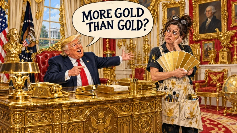 AI-created political satire. Trump consults an exhausted decorator in a heavily gilded fictional Oval Office, with a gold stapler and many nearly identical gold swatches. Invented scene and labels.