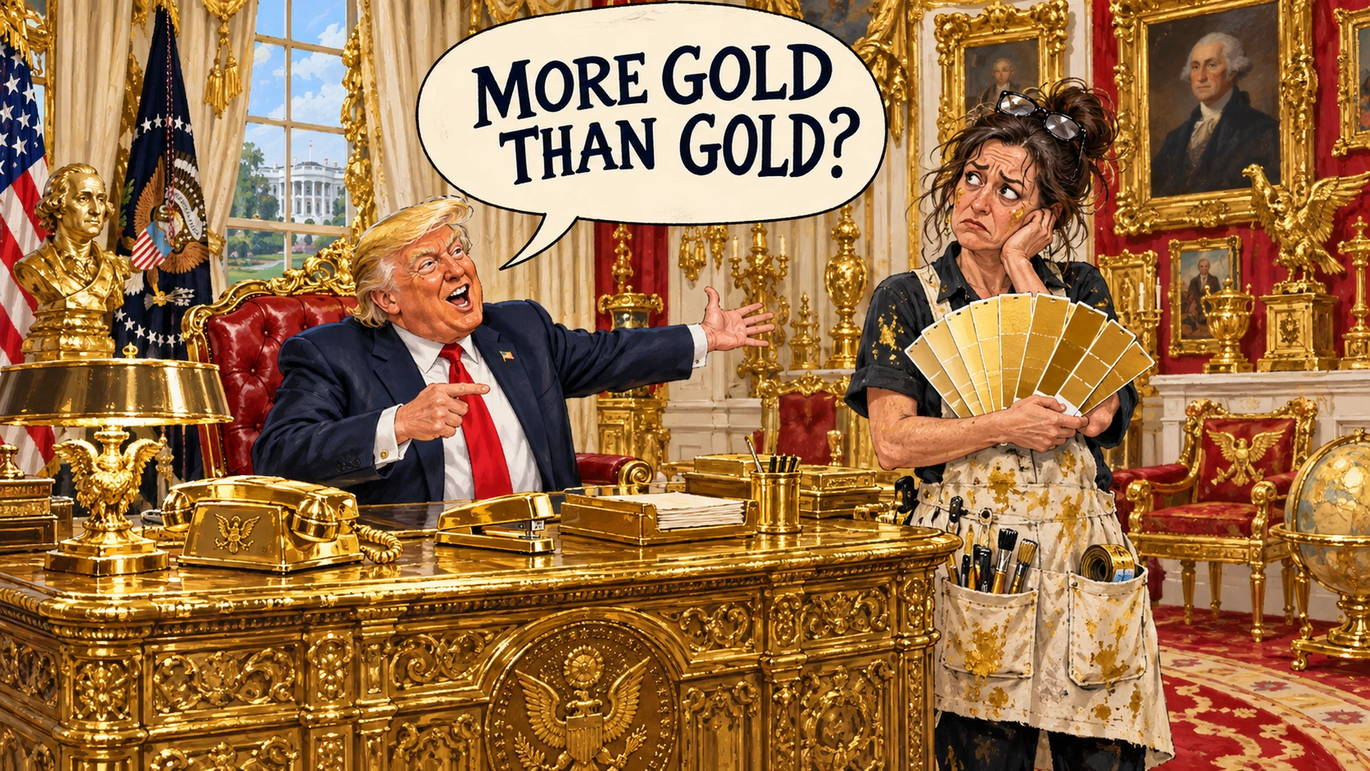 AI-created political satire. Trump consults an exhausted decorator in a heavily gilded fictional Oval Office, with a gold stapler and many nearly identical gold swatches. Invented scene and labels.