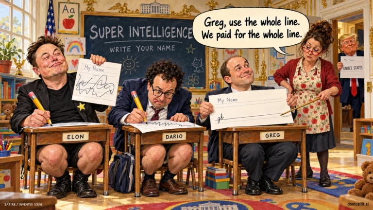 Invented satirical classroom scene: adult Elon Musk, Dario Amodei, and Greg Brockman sit in tiny desks for a handwriting lesson. A teacher points to Brockman's almost empty worksheet, while Trump shows a sheet reading Unites States.