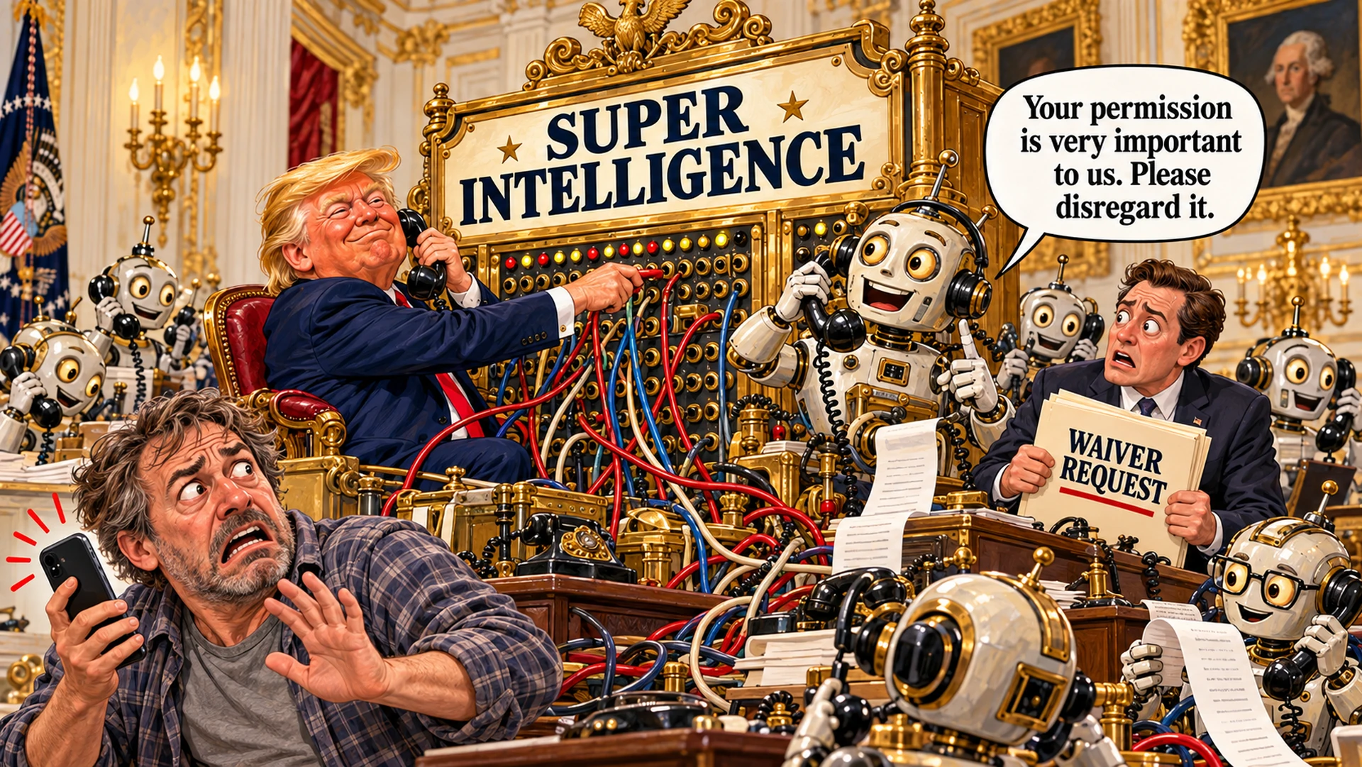 Invented satirical scene: Trump operates a gold Super Intelligence telephone exchange surrounded by robot callers. A frustrated homeowner holds a cellphone, and a generic aide carries a Waiver Request folder.