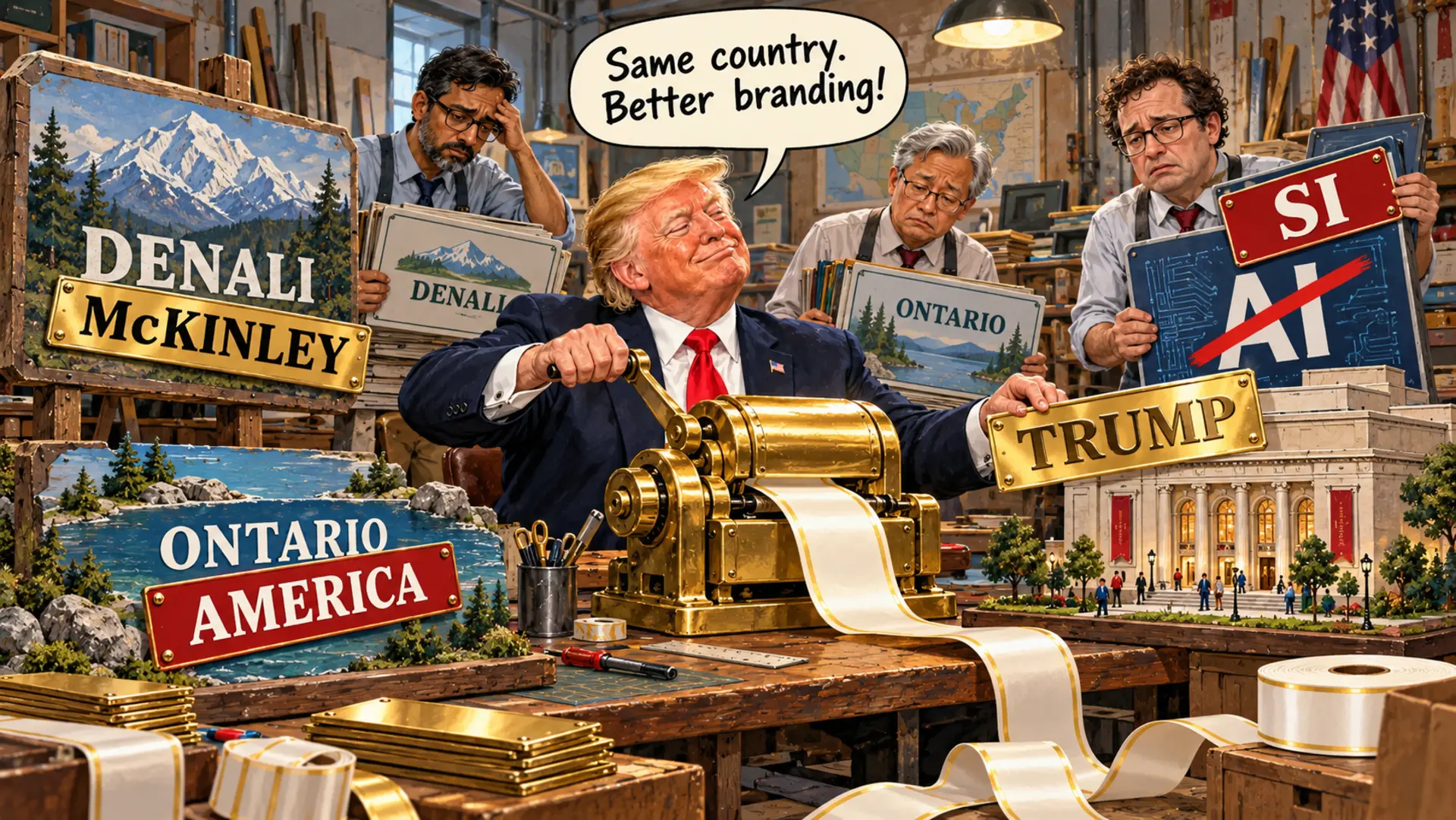 Editorial cartoon of Trump operating a gold label maker among mountain, lake, AI, and civic-building signs.