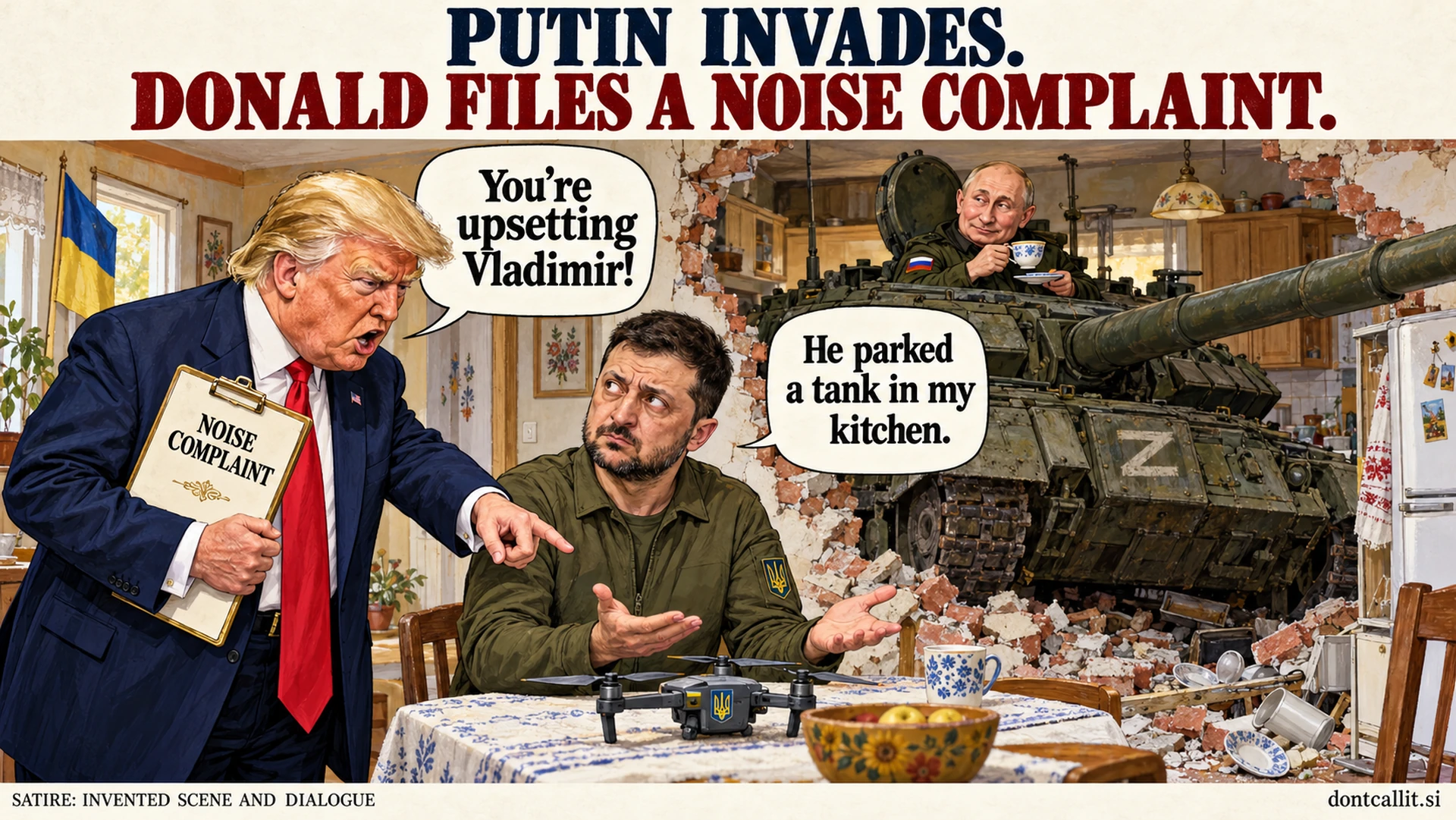 Invented political cartoon: Trump files a noise complaint against Zelenskyy while Putin sits in a tank parked inside a damaged Ukrainian kitchen. Trump says, 'You're upsetting Vladimir!' Zelenskyy replies, 'He parked a tank in my kitchen.'