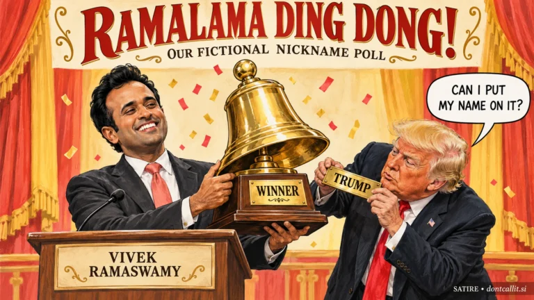 Invented editorial cartoon of Vivek Ramaswamy accepting an oversized brass bell trophy beneath the headline Ramalama Ding Dong. Trump holds a nameplate bearing his own name and asks whether he can put it on the award. The subtitle identifies the nickname poll as fictional.