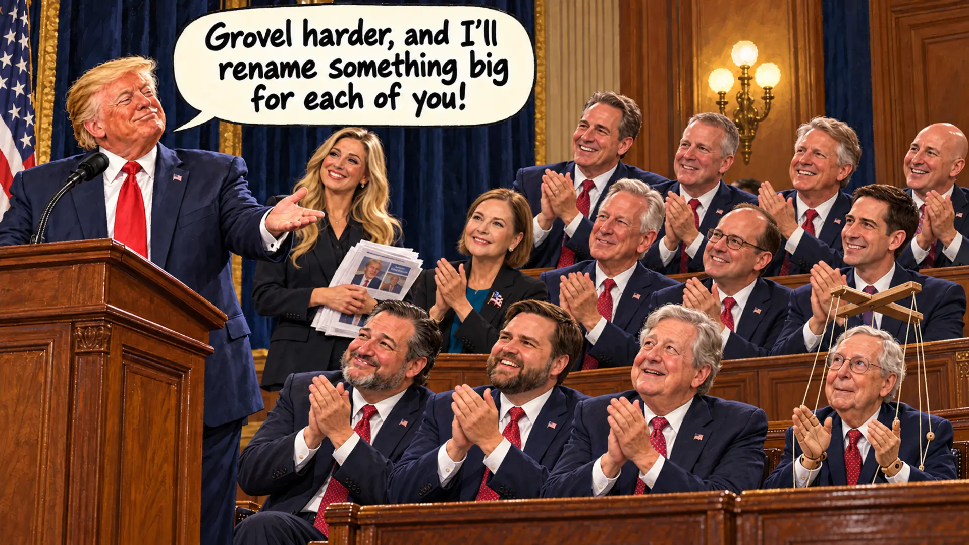 Invented political satire: Trump speaks to a fawning audience, with Natalie Harp and a marionette version of Mitch McConnell. The dialogue and expressions are fictional.