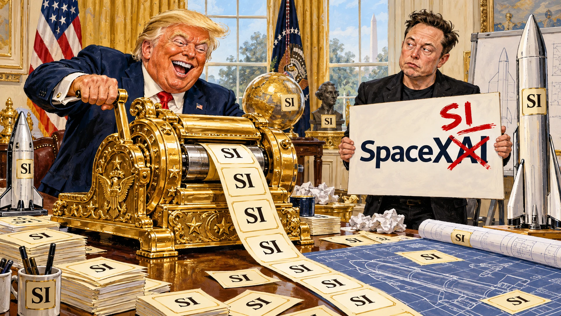 AI-created political satire. Trump prints SI stickers with a gold label maker while Elon Musk holds a SpaceXAI sign with AI crossed out. Invented scene and labels.