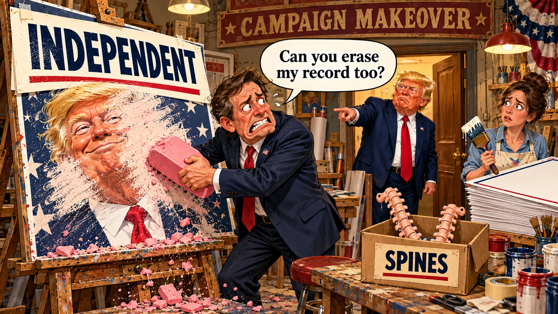 Invented satirical scene: a generic Republican candidate uses a giant pink eraser on a Trump campaign poster beneath an Independent label. Trump objects from the doorway, and a box of fake rubber spines sits on the desk.