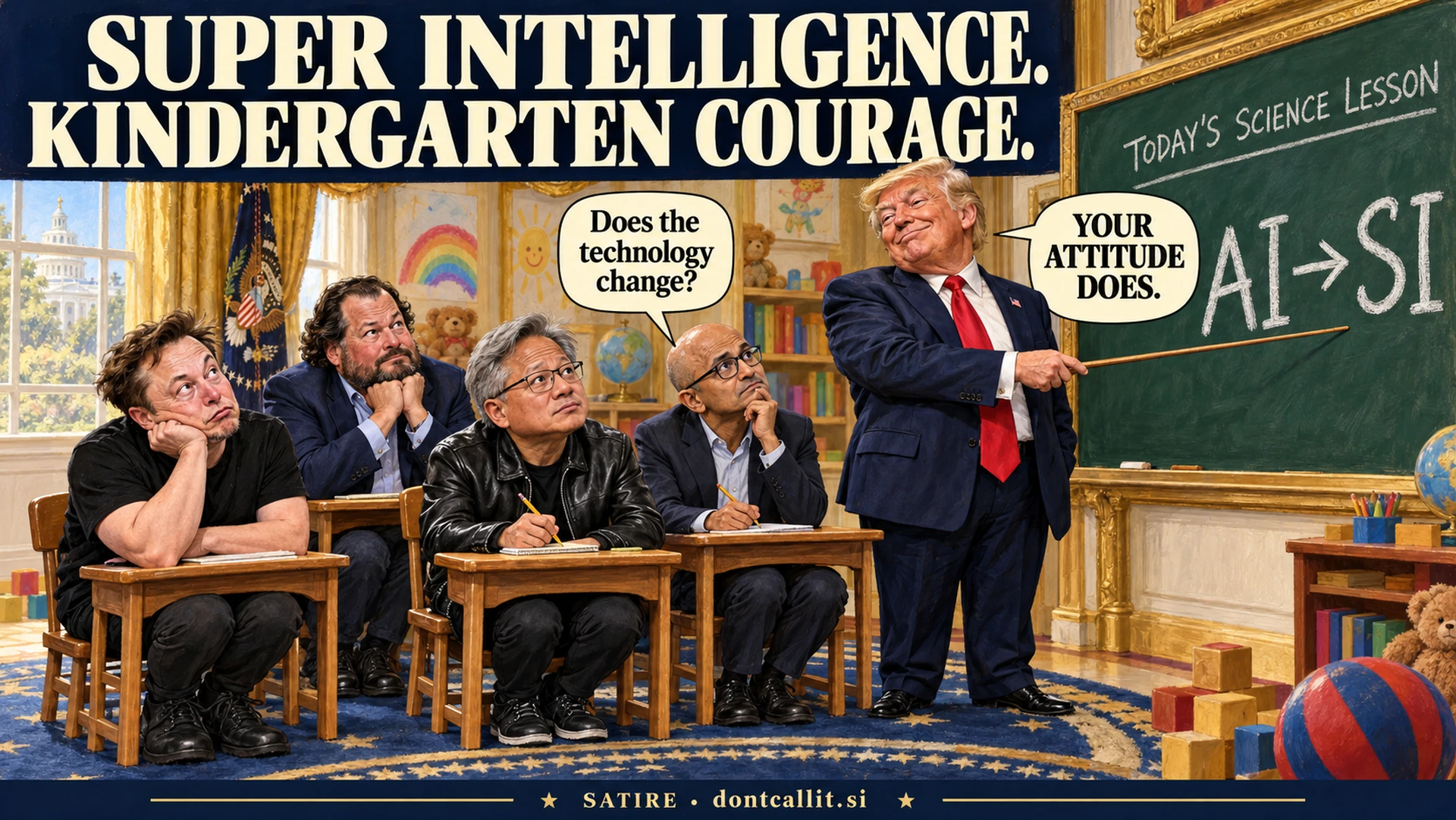 Invented painted cartoon of Trump teaching a spelling lesson to adult tech executives Elon Musk, Marc Benioff, Jensen Huang, and Satya Nadella in tiny school desks. A board reads AI to SI. Nadella asks whether the technology changes; Trump says their attitude does.