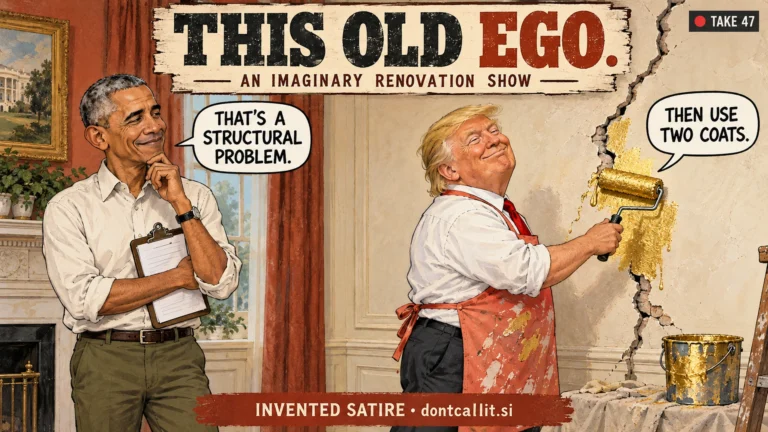 Invented editorial cartoon of Barack Obama as a home-renovation television host inspecting Donald Trump's repair of a cracked plaster wall. Trump rolls gold paint over the crack and proposes two coats after Obama calls it a structural problem. The scene and dialogue are invented satire.