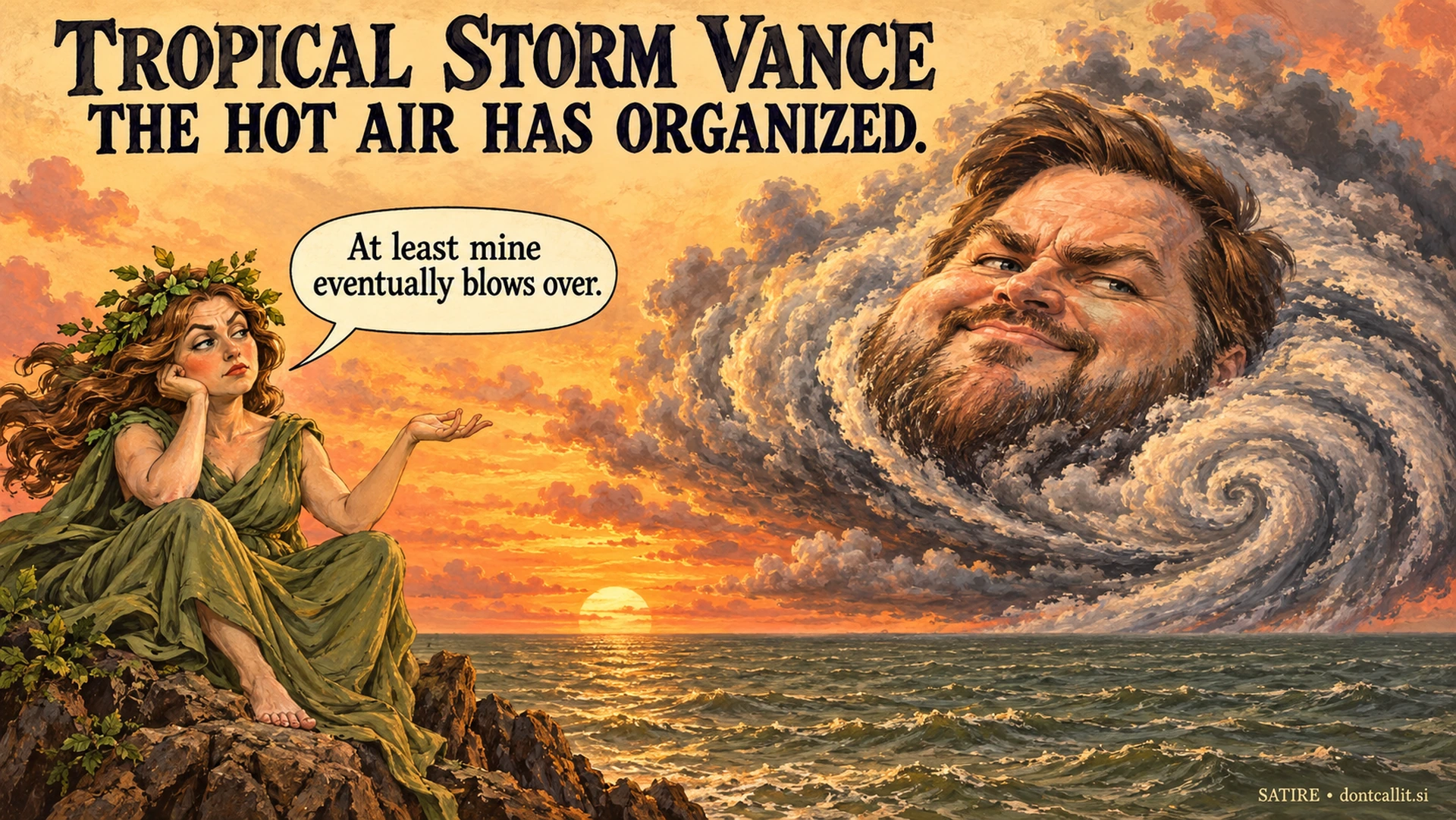 Invented editorial cartoon of an unimpressed Mother Nature watching JD Vance's bearded face form from swirling storm clouds above an empty ocean at sunset. She says, At least mine eventually blows over.