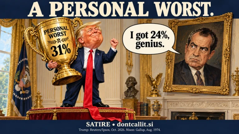 Painted satirical cartoon of Trump proudly holding a giant Personal Worst trophy marked 31%, while an unimpressed Nixon portrait says, "I got 24%, genius." Invented scene and dialogue. Trump's figure is Reuters/Ipsos, October 2026; Nixon's is Gallup, August 1974.