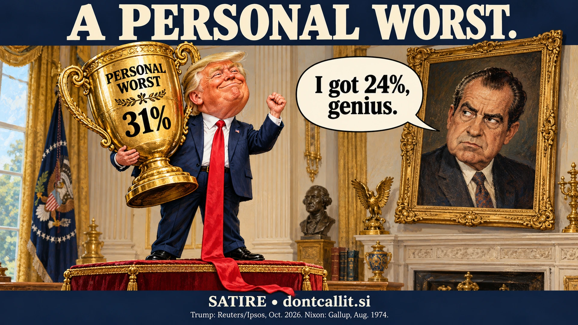 Painted satirical cartoon of Trump proudly holding a giant Personal Worst trophy marked 31%, while an unimpressed Nixon portrait says, "I got 24%, genius." Invented scene and dialogue. Trump's figure is Reuters/Ipsos, October 2026; Nixon's is Gallup, August 1974.